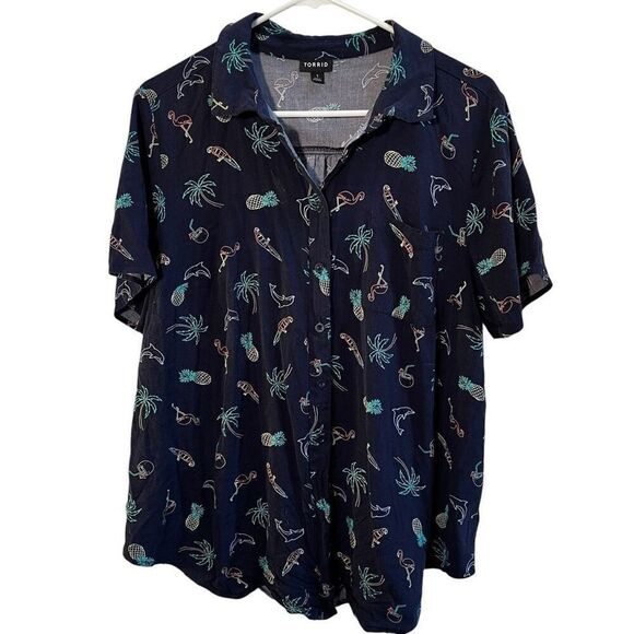 Torrid Womens 1X Button Front Challis Shirt Blue Tropical Print Dolphins Stretch - Picture 1 of 6